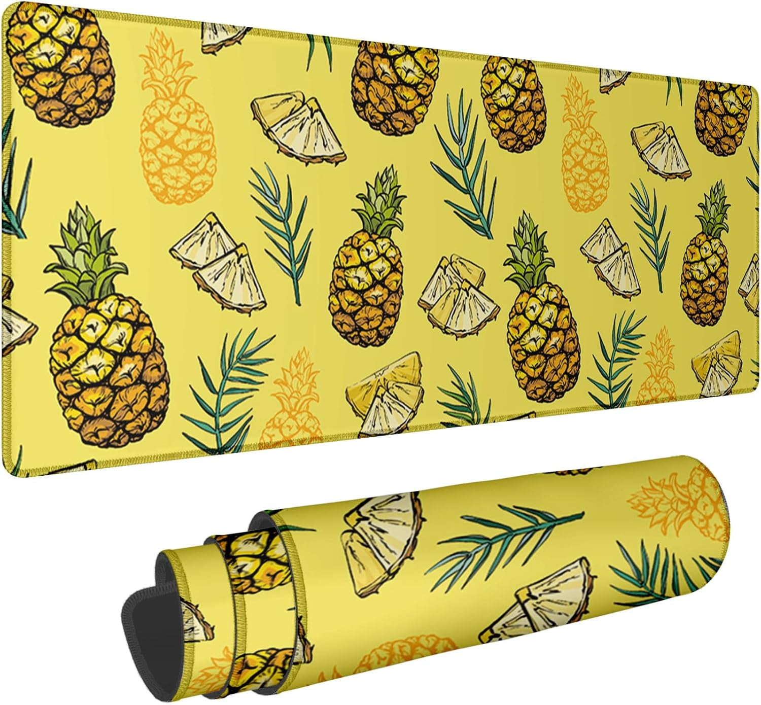 Pineapple Extended Mouse Pad 31.5x12 Inch Tropical Fruit Pattern Cartoon Leaf Design Backdrop Modern Yellow Green Polyester Rubber Waterproof Decor Library Office Mousepad