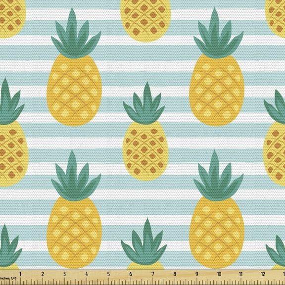 Ambesonne Pineapple Fabric by the Yard Upholstery, Tropical Fruit on Stripes, 5 Yards, Earth Yellow Teal