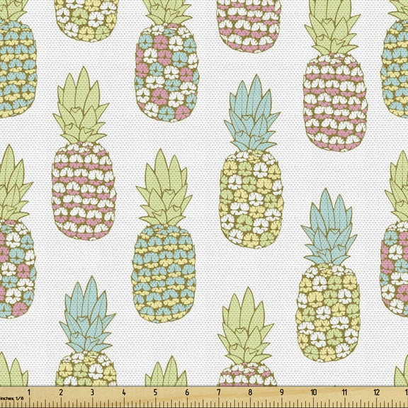 Ambesonne Pineapple Fabric by the Yard Upholstery, Pastel Tropical Fruit, 1 Yard, Multicolor