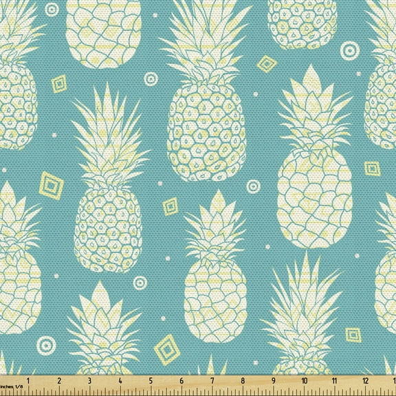 Ambesonne Pineapple Fabric by the Yard Upholstery, Abstract Summer Fruit Art, 10 Yards, Pale Yellow Turquoise