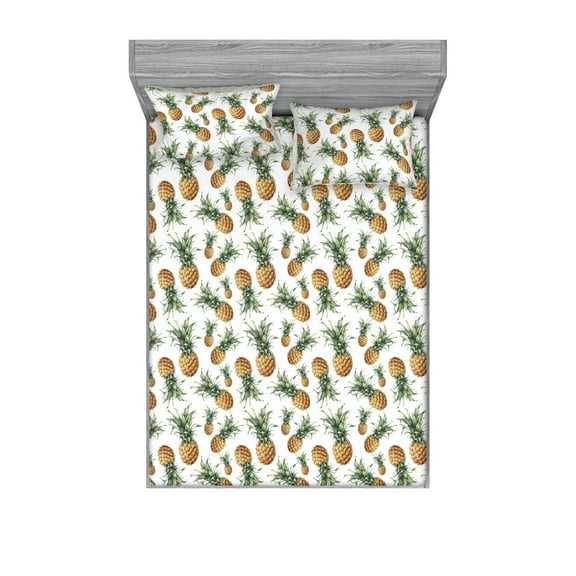 Pineapple Fitted Sheet & Pillow Sham Set, Summer Season Exotic Food Fruit Ananas Tropical Repeated Pattern, Decorative Printed 3 Piece Bedding Decor, King, Amber and Laurel Green, by Ambesonne