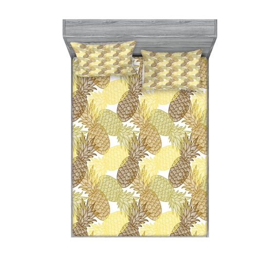Pineapple Fitted Sheet & Pillow Sham Set, Summer Themed Overlapping Curving Exotic Tropical Pineapples with Lines Print, Decorative Printed 6 Piece Bedding Decor Set, Full, Multicolor, by Ambesonne
