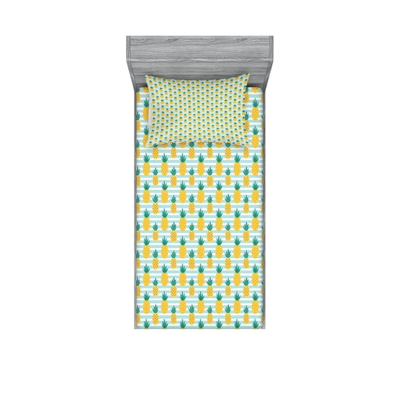 Pineapple Fitted Sheet & Pillow Sham Set, Tropical Exotic Fruit Illustrated Pattern on Stripes, Decorative Printed 4 Piece Bedding Decor Set, Twin, Earth Yellow Teal, by Ambesonne