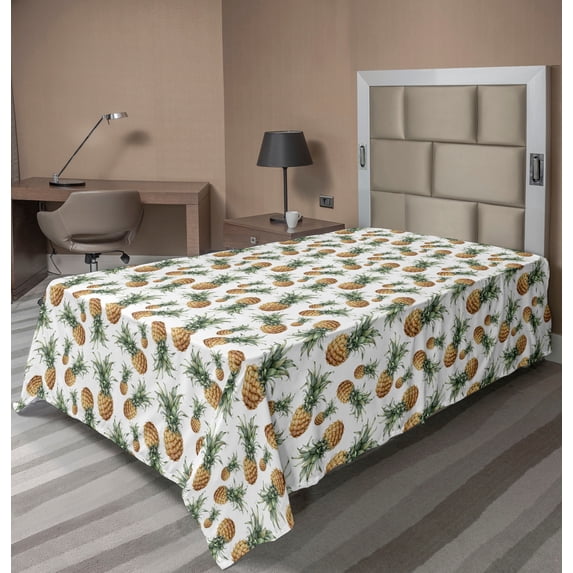 Ambesonne Pineapple Flat Bedding Sheet Soft Top Sheet, Summer Season Exotic Art, Twin, Amber and Laurel Green