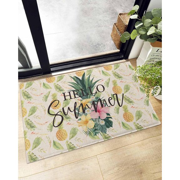 Pineapple Floral Summer Fruit Doormat Shaggy Plush Rug, Comfy Furry Floor Area Rugs Monstera Seamless Vintage Linen Cozy Throw Shag Carpets Indoor Entrance Decor Door Mats