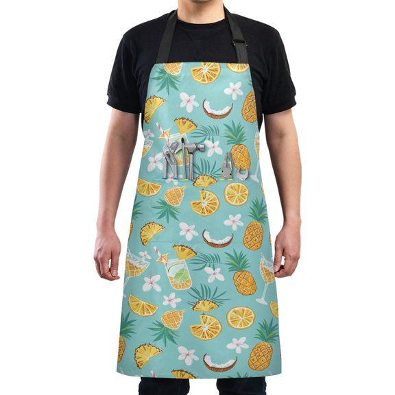 Pineapple Flower Coconut Drink Kitchen Apron with 2 Pockets Adjustable waterproof Cooking Aprons for Women Men Chef