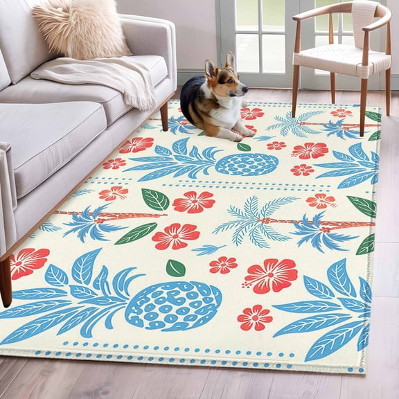 Pineapple Flowers Area Rug 4x6 Washable Rug Non Slip Blue Red Tropical Botanical Palm Large Area Rug Indoor Floor Carpet for Entryway Bedroom Kitchen Living Room Home Office Dining Room Nursery
