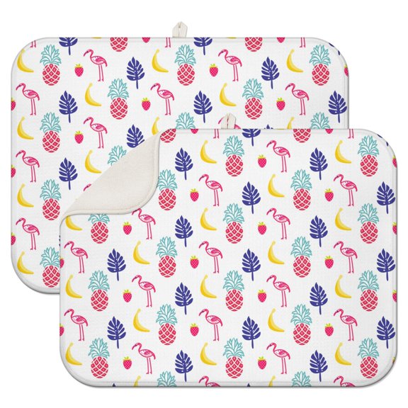 Pineapple and Flowers Coffee Mat – Absorbent Microfiber Spill Mat with Hawaiian Fruit and Pineapple Tree Print, Foldable Dish Drying Pad for Kitchen Use
