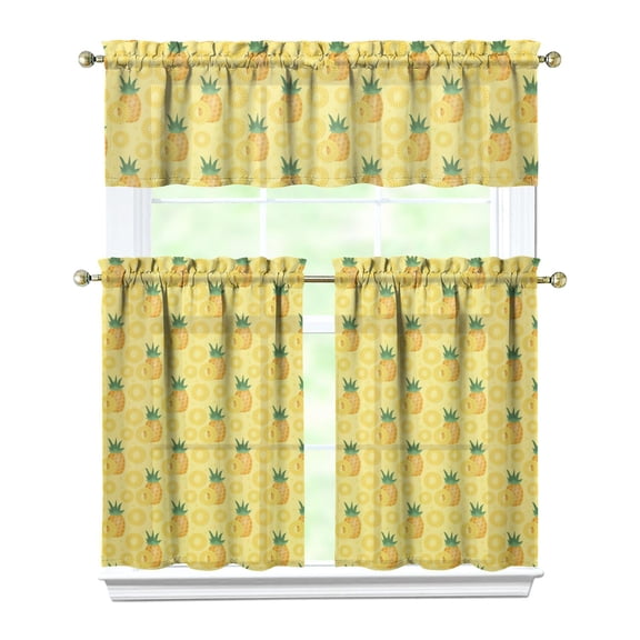 Pineapple & Flowers Kitchen Curtains - 3 PC Semi-Sheer Set, Farmhouse Style, Rod Pocket for Small Windows in Bathroom or Laundry