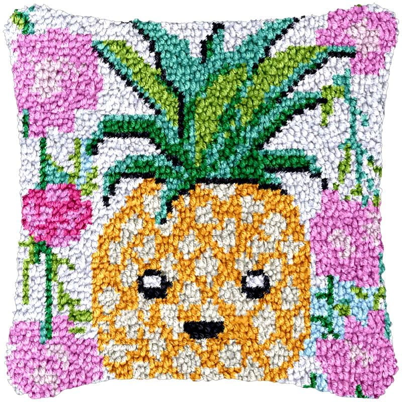 Pineapple & Flowers Latch Hook Pillow Cover Kits for Needlework Cushion Throw Pillow Cross Stitch Crochet Hook Pillowcase Rug Kits Printed Canvas Crochet Yarn Kits Needlework 17'' X 17''
