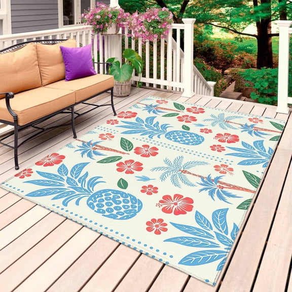 Pineapple Flowers Outdoor Rug for Patio/Deck/Porch, Non-Slip Large Area Rug 3 x 5 Ft, Blue Red Tropical Botanical Palm Indoor Outdoor Rugs Washable Area Rugs, Reversible Camping Rug Carpet Runner