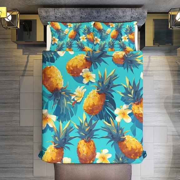 Pineapple Flowers Summer Quilt Cover Set Fashionable Printed Bedding Covers with Pillowcase Home Textiles, Queen (90"x90")