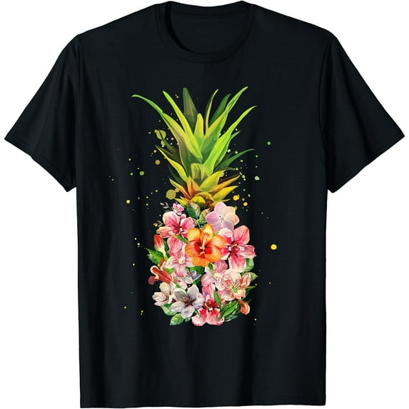 Pineapple Flowers Women Aloha Hawaii Vintage Hawaiian Floral T-Shirt Black Small