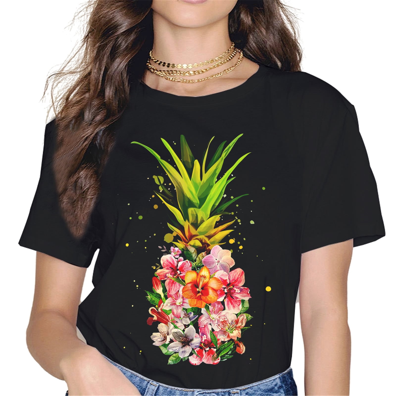 Pineapple Flowers Shirt Women Aloha Hawaii Vintage Hawaiian