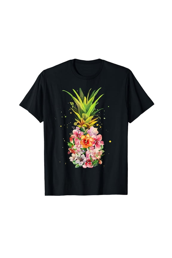 Pineapple Flowers Women Aloha Vintage Hawaiian Floral T-Shirt - Small, Black Background Design