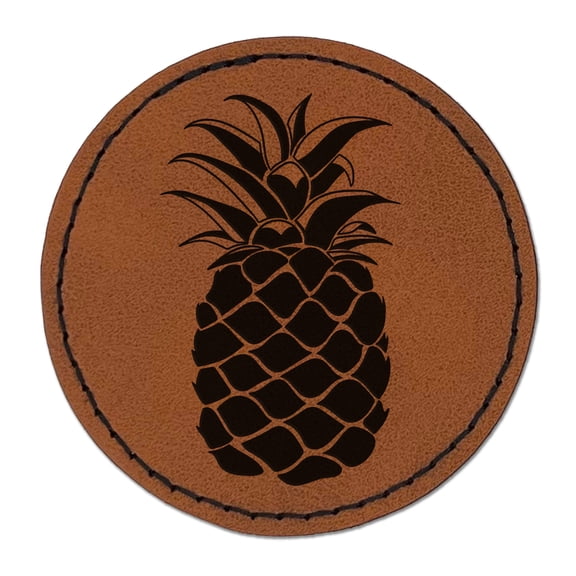 Pineapple Fruit Drawing 2.5" Faux Leather Round Engraved Iron-On Patch - Brown