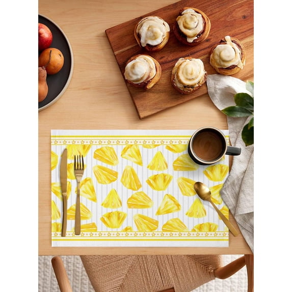 Pineapple Fruit Placemats Set of 6,Washable Woven Burlap Cloth Fabric Placemat for Square/Rectangle/Round/Oval Dining Table,Easy Clean Place Mats for Toddlers,Kids Summer Tropical Yellow Striped Grey