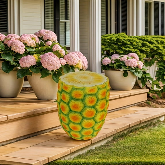 Pineapple Fruit Stool, 14" Oversized Resin Stool Side Table, Tropical Plant Stand for Indoor Outdoor Garden Decor, Multi-Purpose Seating Ottoman, Yellow
