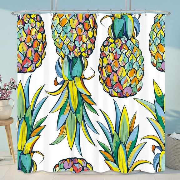 Pineapple Fruit Tropical Shower Curtain for Bathroom Decor Summer Green Leaves Blue and Yellow Art Printed Fabric Waterproof 72Wx72H 12 Pack Plastic Shower Hooks