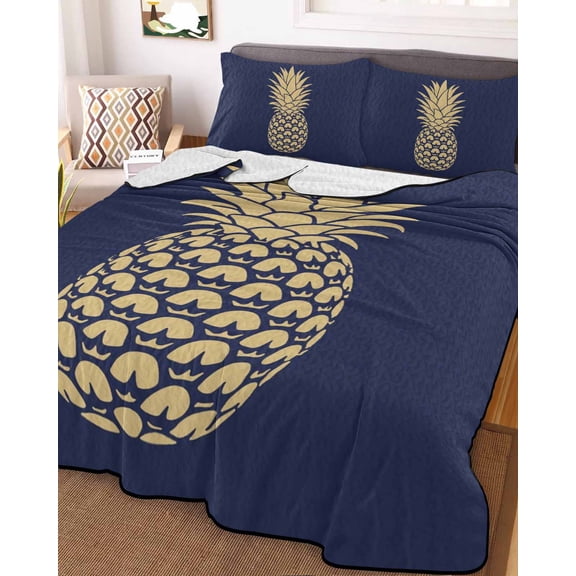 Pineapple Full Size Down Alternative Comforter, Lightweight Comforter Quilt Bedding Set with Pillow Shams Gold Yellow Navy Blue Tropical Fruit Summer All Seasons Bed Comforter Duvet Insert 78"x90"