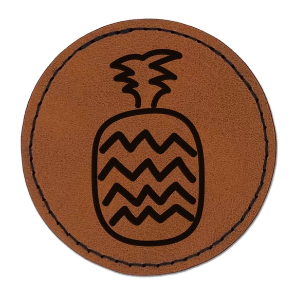 Pineapple Fun Doodle 2.5" Faux Leather Round Engraved Iron-On Patch - Brown