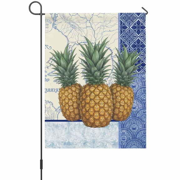 Pineapple Garden Flag 12 x 18 Inches, Blue White Porcelain Vintage Map Summer Weather Proof Outdoor Patio Flags Double Sided Small Garden Decoration for Yard Outside Home