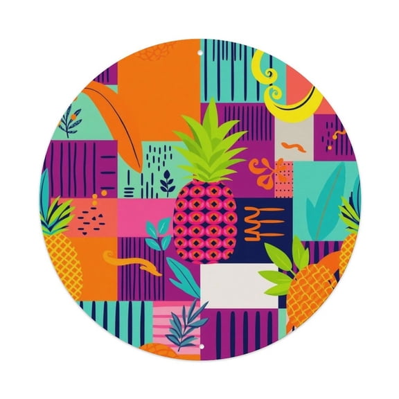 Pineapple Geometric Blocks Colorful7.9x7.9in Round Aluminum Plaque Wall Art, UV Printed Vintage Metal Sign with Pre-Drilled Holes for Home Bar Garage Cafe Decor