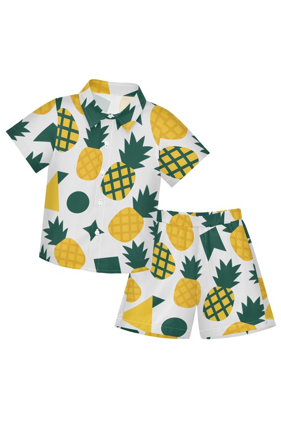 Pineapple Geometric Pattern Boys' Hawaiian Shorts Sets Button Down Shirts 3T-10Y for Beach Vacation
