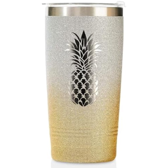 Pineapple Glitter Tumbler - 20oz/590ml Stainless Steel Insulated Tumbler with Straw - Gold-Silver Gradient Cups Gifts for Women and Pineapple Lovers$$Home Decor, Kitchen, & Other