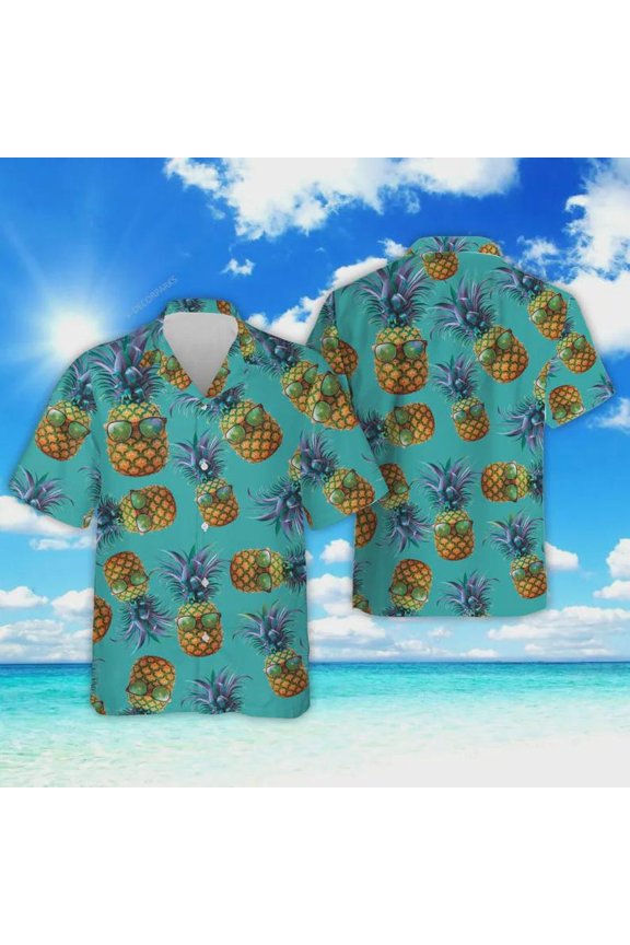 , Pineapple Summer Beach Shirts, Tropical Fruits Button Down Short Sleeve Shirts, Casual Aloha Shirts