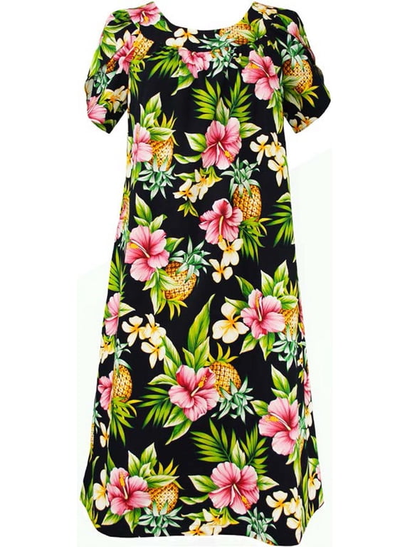 Pineapple Hibiscus Cotton Muu Muu Dress (Black, M)
