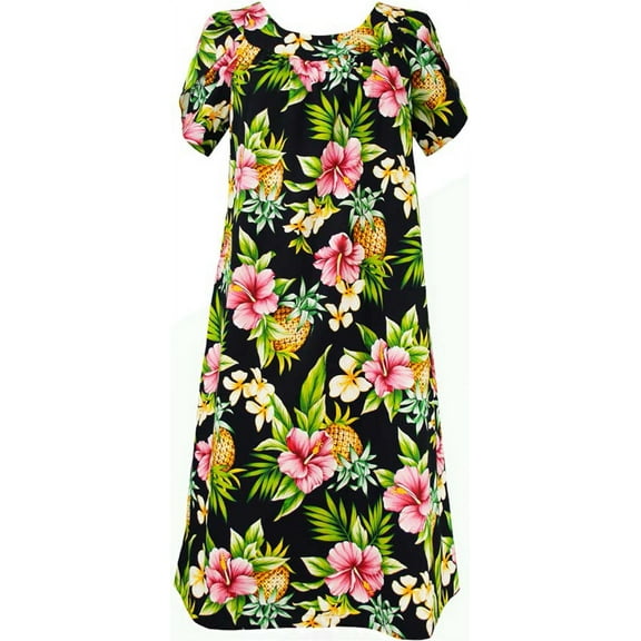 Pineapple Hibiscus Cotton Muu Muu Dress (Black, XL)