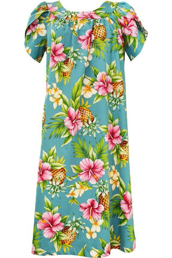 Pineapple Hibiscus Cotton Muu Muu Dress (Blue, XL)