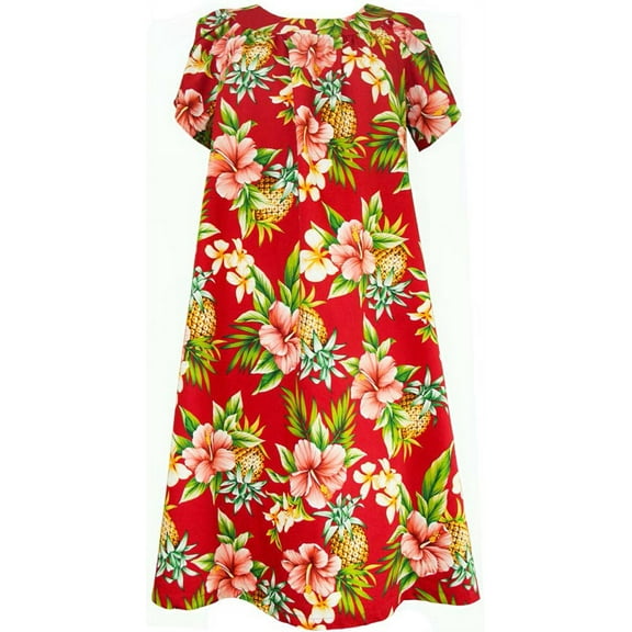 Pineapple Hibiscus Cotton Muu Muu Dress (Red, S)