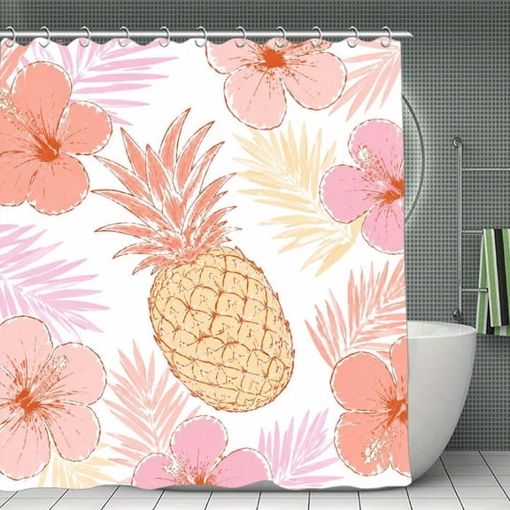 Pineapple Hibiscus Pink Print Shower Curtain,Cloth Fabric Waterproof Polyester Bathroom Home Decor Set with Hooks 70.8×70.8Inch