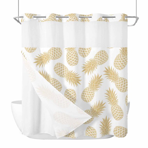Pineapple No Hook Shower Curtain Waterproof, Bathroom Curtains with Snap in Liners and See Through Top Window, Yellow Summer Tropical Fruit Minimalist Hotel Style Bathtub Curtains Shower 72"Wx78"L