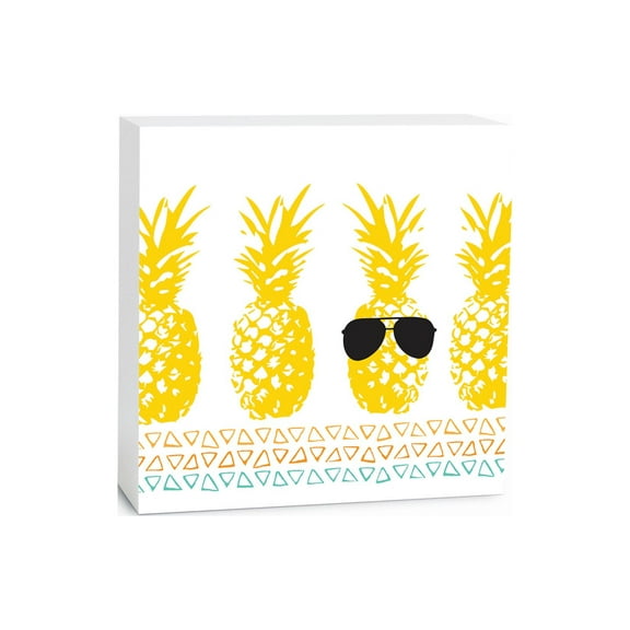 Pineapple In Sunglasses Yellow Triangles 5 x 5 Wood Tabletop Sign Plaque
