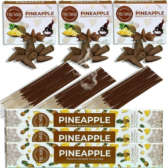 Pineapple Incense Sticks & Backflow Incense Cones for Waterfall Combo Pack - 60 Insence-Sticks + 30 Backflow Cones - Insents - Incense Waterfall Cones - Inscense