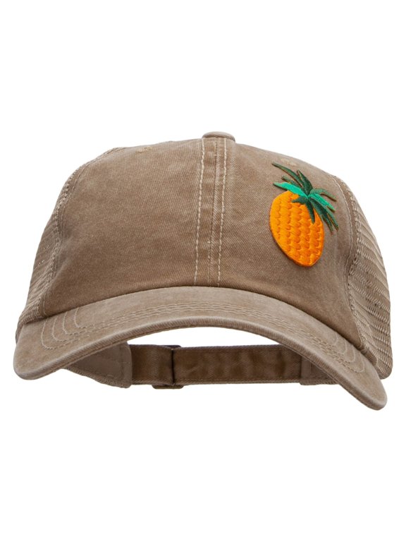 Pineapple Iron on Fruit Patched Pigment Dyed Mesh Cap - Dark Beige Khaki OSFM