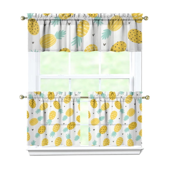 Pineapple Kitchen Curtains 3 Piece Set - Hawaiian Tropical Tier Curtains with Valance, Sunshine Yellow Fruit Print, Rod Pocket Short Curtains for Small Windows