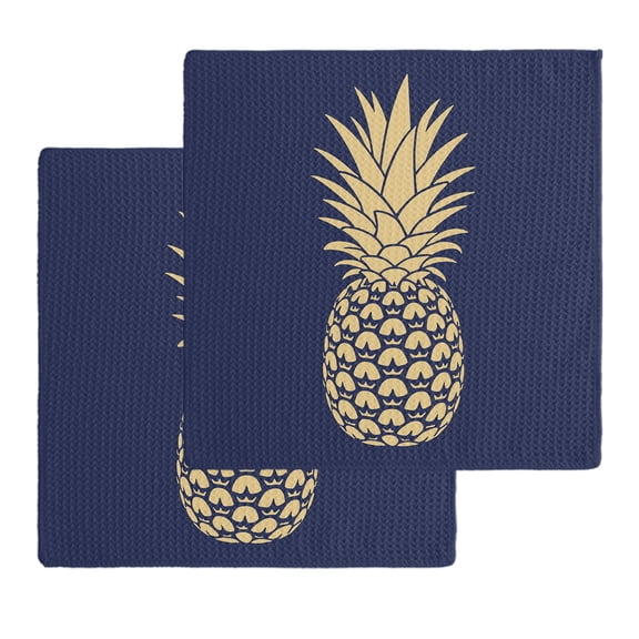 Pineapple Kitchen Dish Towels for Drying Dishes Set of 2, Gold Yellow Navy Blue Tropical Fruit Summer Waffle Weave Microfiber Hand Tea Bathroom Towels Quick Dry & Absorbent Towel 12x12