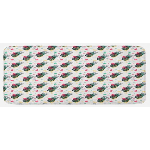 Pineapple Kitchen Mat, Hand Drawn Sketch Fruits with Colorful Triangles and Foliage Leaves Background, Plush Decorative Kitchen Mat with Non Slip Backing, 47" X 19", Multicolor, by Ambesonne