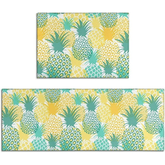 Pineapple Kitchen Rugs and Mats Sets of 2,Farmhouse Kitchen Decoration Rubber Backing Non-Slip Absorbent Mats for Sink Waterproof Runner Rug for Laundry Room,Blue Yellow 17x24+17x48inch
