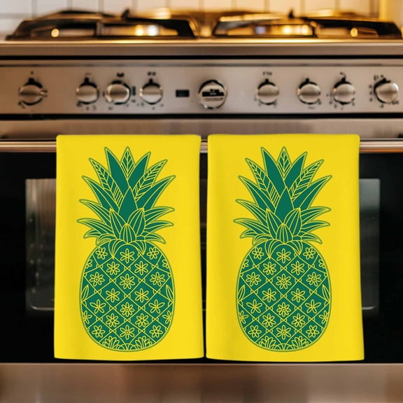 Pineapple Kitchen Towels Set of 1, Boho Tropical Dark Green Yellow Stripe Summer Absorbent Dish Towels for Kitchen, Microfiber Hand Towel, Quick Drying Tea Towel for Cleaning Decorative Dishcloths