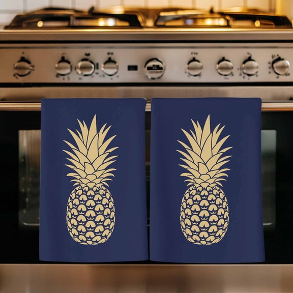 Pineapple Kitchen Towels Set of 1, Gold Yellow Navy Blue Tropical Fruit Summer Absorbent Dish Towels for Kitchen, Microfiber Hand Towel, Quick Drying Tea Towel for Cleaning Decorative Dishcloths