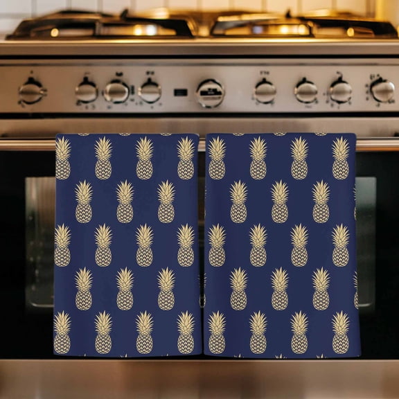 Pineapple Kitchen Towels Set of 1, Yellow Fruit Navy Blue Summer Tropical Absorbent Dish Towels for Kitchen, Microfiber Hand Towel, Quick Drying Tea Towel for Cleaning Decorative Dishcloths