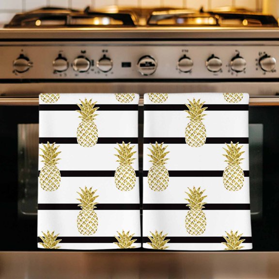Pineapple Kitchen Towels Set of 4, Modern Abstract Yellow Fruits Stripes Absorbent Dish Towels for Kitchen, Microfiber Hand Towel, Quick Drying Tea Towel for Cleaning Decorative Dishcloths