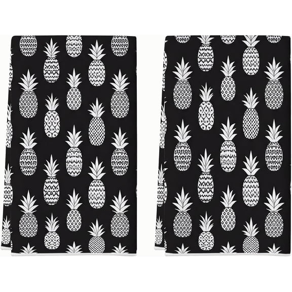 Pineapple Kitchen Towels Set of 2, Tropical Modern Leaf Pattern Summer Black Absorbent Soft Sink Side Towel Cooking Essentials 18x26 Inch