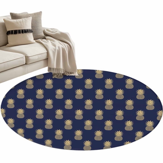 Pineapple Large Area Rugs for Bedroom Living Room, Soft Non Slip Carpet Bedside Rug, Yellow Fruit Navy Blue Summer Tropical Round Floor Cover Kitchen Accent Rug 3.3' for Dining Room/Office