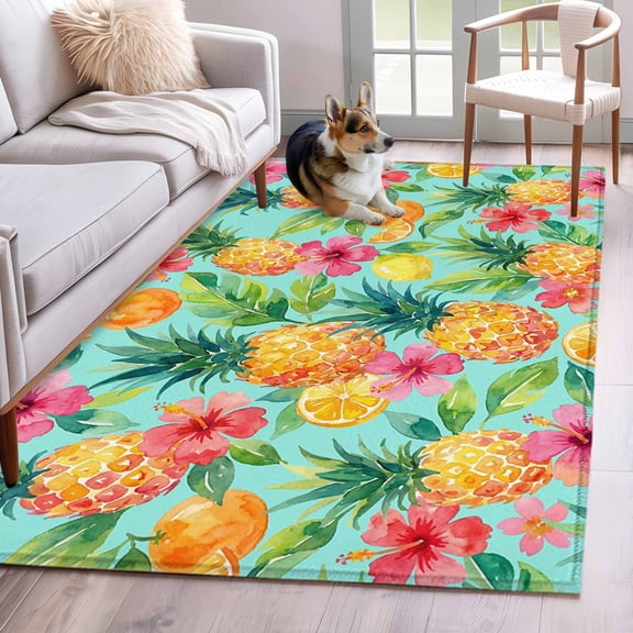 Pineapple Lemon Area Rugs 3x5 ft Watercolor Summer Fruits Floral Teal Washable Rug Non Slip Indoor Carpet Absorbent Floor Mat for Living Room Bedroom Dining Room